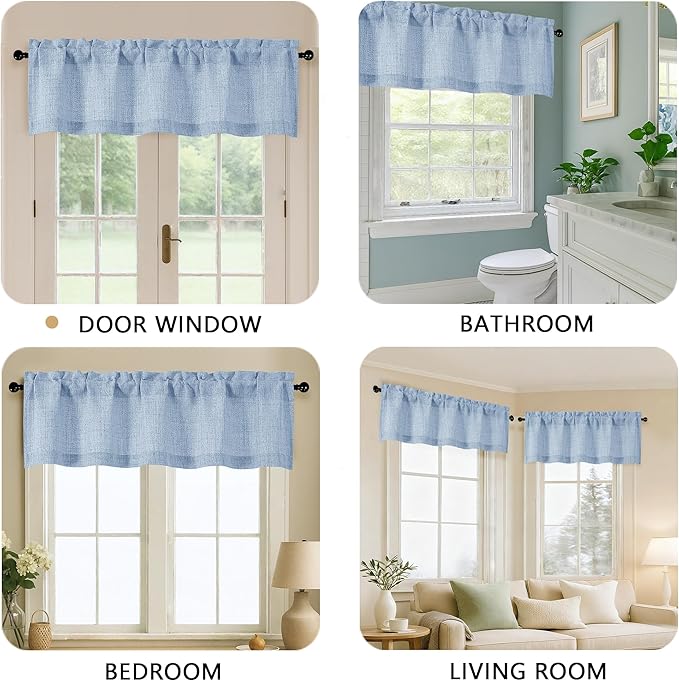 OVZME Valance for Windows, Light Filtering Faux Linen Textured Small Short Valance Kitchen Curtain, Dual Rod Pocket Top Short Window Curtain for Bathroom Basement Farmhouse, 52Wx14L Inch, Demin Blue