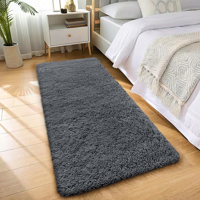 OLANLY 2x11 Machine Washable Runner Rugs for Hallway, Soft Fluffy Shaggy Bedside Rugs for Bedroom, Living Room, Indoor Floor Carpet for Kids Girls and Boys, Nursery Rooms, Home Decor Aesthetic, Grey