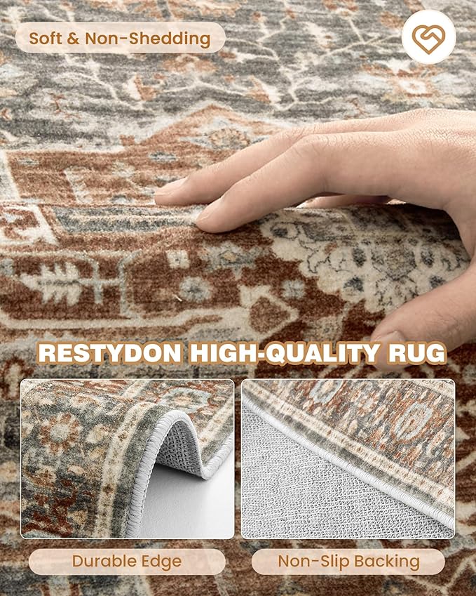 Hallway Runner Rug 2x12, Extra Long Washable Runner Rugs with Rubber Backing, Non Slip Runner, Vintage Rug Runners for Kitchen Laundry Room Entryway (Grey/Brown/Tan,2'x12')