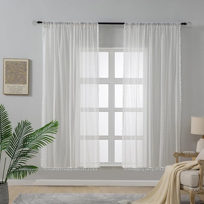 WAZZIO Boho Lace Curtains 63 Inches 2 Panel,Light Filtering Privacy Tassel & Geometry Crochet Semi Sheer Curtain Drapes for Bedroom Living Dining Room,Rod Pocket & Tassel,Victorian Decor,Off White