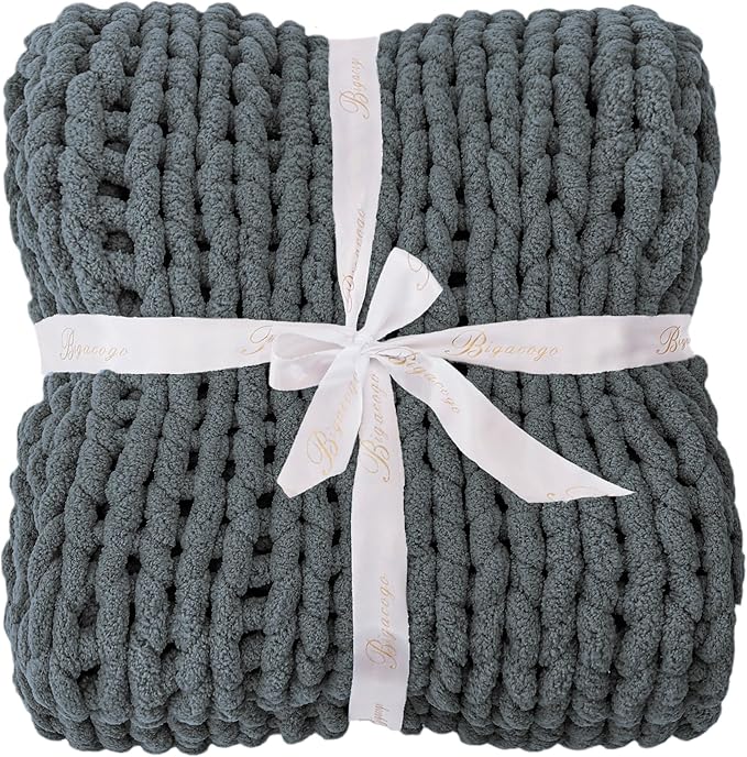 Bigacogo Chunky Knit Throw Blanket for Couch, 40x60 inches, 100% Hand Knitted with Thick Jumbo Chenille Yarn, Cozy Soft Large Rope Knot Cable Crochet Blankets for Sofa Bed Living Room, Iron Gray
