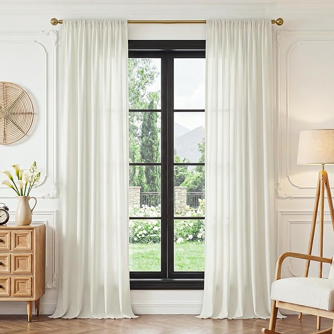 FMFUNCTEX Sheer Non-See-Through Netural Beige Curtains for Bedroom, Faux Silk that Let Light Curtains 90 inches Long Light Filtering Privacy Sheer Drapes for Living Room, Rod Pocket 2 Panels Set