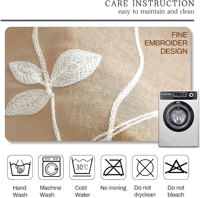 AmHoo 2 Panels Embroidered Leaf Pattern Semi Sheer Curtains Foliage Floral Voile Window Draperies Treatment for Bedroom Living Room Rod Pocket Taupe 53 x 95 Inch