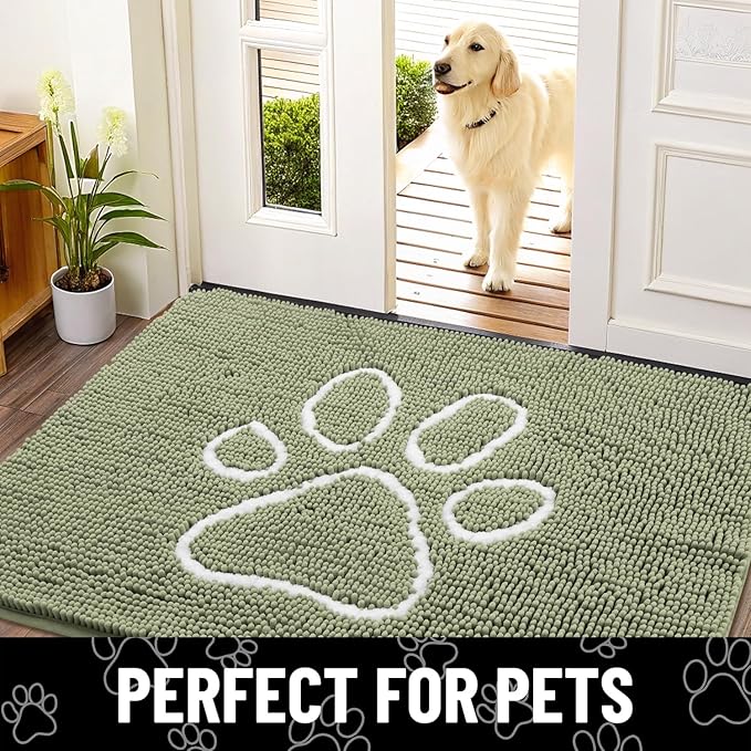 Smiry Dog Door Mat for Muddy Paws, Absorbent Dirt Trapper Non Slip Quick Dry Washable Chenille Mat for Mud Dogs, Entry Rug for Indoor and Outdoor (36x24 Inches, Sage Green and White)