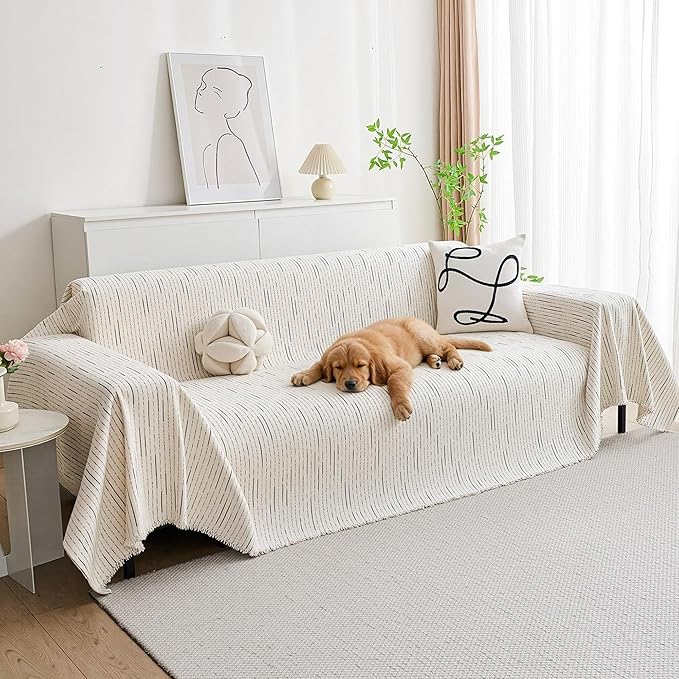 MYSKY HOME Couch Cover for Dogs, Sectional Couch Cover, Beige Lines Sofa Covers for Sectional Sofa L Shape Chenille Couch Protector for Dogs Pets Couch Covers Washable Soft Throw, 91"X150"