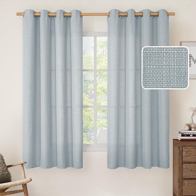 LAMIT Faux Linen Curtains for Bedroom, Grommet Thick Linen Drapes Light Filtering Privacy Sheer Window Curtains for Living Room, Set of 2 Panels (52 x 63 Inch, Haze Blue)
