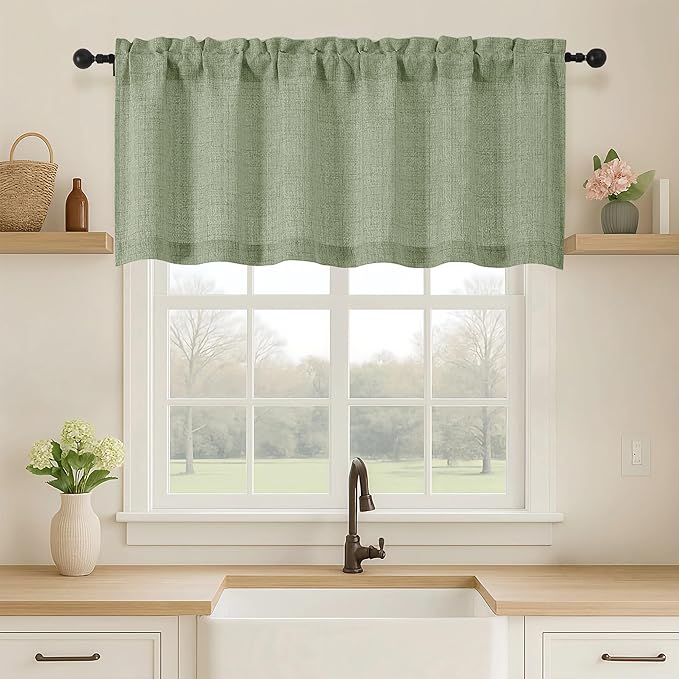 OVZME Green Valance for Windows, Light Filtering Faux Linen Textured Small Cafe Valances for Windows, Dual Rod Pocket Farmhouse Short Curtain for Bathroom Basement, 60Wx20L inch, 1 Piece