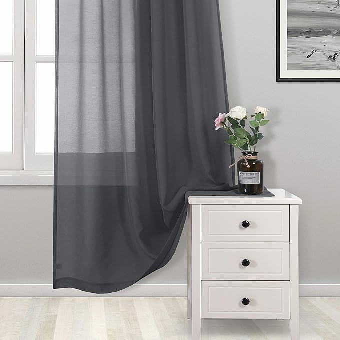 DWCN Dark Grey Sheer Curtains for Kitchen Windows - Rod Pocket Semi Transparent Voile Tier Curtains for Bedroom, Living Room, Farmhouse, 36 x 36 inches Long, Set of 2 Panels