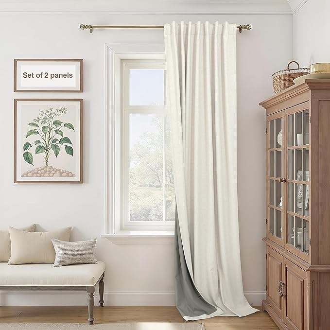Pitalk Extra Wide Curtains 60 Inches Wide for Living Room 84 Inch Length 2 Panels Thick Back Tab Pleated Cream Linen Blackout Dark Out Sliding Door Window Curtains Thermal Privacy Drapes 60x84 Long