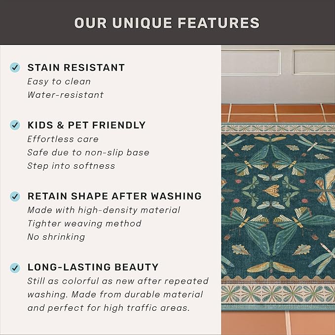 Hazo Haus Emerald Green Entry Rugs for Inside House - 2x4 Kitchen Rugs Non Slip for Bathroom, Powder Room, Vintage Unique Colorful Décor, Washable Stain & Fade Resistant
