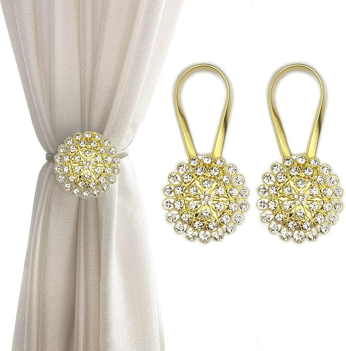 Magnetic Tiebacks for Curtains, 2 Pack Sparkling Crystal Flower Curtain Tiebacks Curtain Buckle Clips with High-Elastic Spring Wire for Home Office Decoration (Yellow & White)