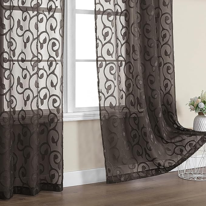OWENIE Furman Chocolate Sheer Curtains 96 inches Long for Bedroom Living Room 2 Panels Set, Light Filtering Sheer Curtain with Elegant Clip Jacquard, Rod Pocket Window Treatments, 2 Pcs = 80" Width