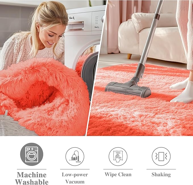 OLANLY Coral Red Round Rugs for Bedroom - Machine Washable, 7 ft Circle Area Rugs for Living Room, Soft and Fluffy Shaggy Carpet for Teen Girl and Boys, Nursery Rooms, Dorms, Home Decor Aesthetic