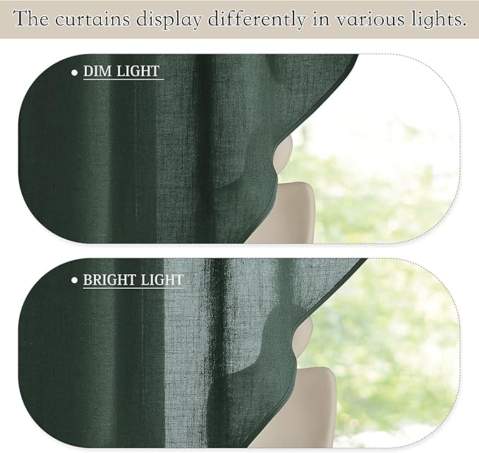 RYB HOME Kitchen Window Curtains - Linen Textured Sheer Swag Privacy Short Cafe Curtains Rod Pocket Topper Decor for Bedroom Dinning Room, Olive Green, W 36 x L 63, 2 Pcs
