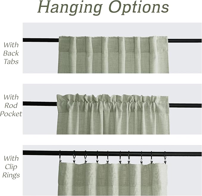 RYB HOME Linen Sheer Curtains and Drapes for Living Room and Dining Room 96 inches Length, Breathable Back Tab/Rod Pocket Semi Sheer Curtains, Sage Green, W 52 x L 96 inches, 2 Panels Set