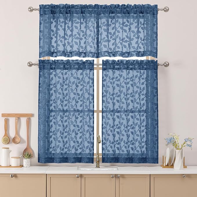 Chyhomenyc Dusty Blue Sheer Valances for Windows 18 Inch Length 2 Pcs, Light Filtering Leaf Textured Cafe Short Kitchen Curtains, Top Small Curtain for Living Room Bedroom Basement, 42" W x 18" L