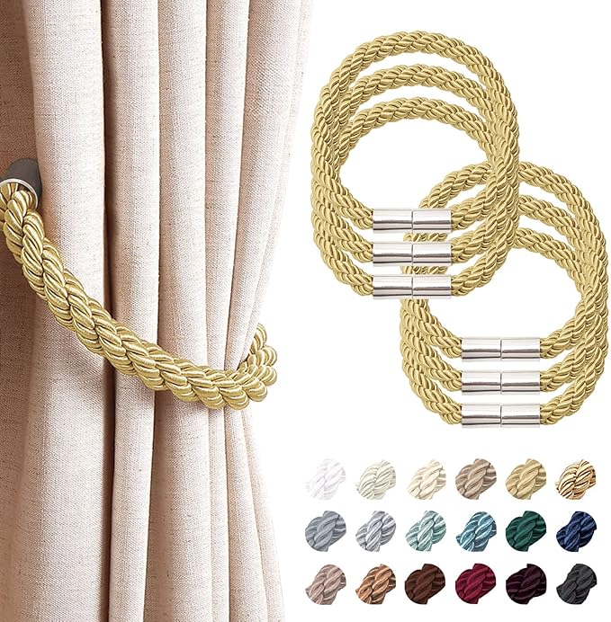 NICEEC 6 Pack Strong Magnetic Curtain Tiebacks Modern Simple Style Drape Tie Backs Convenient Decorative Weave Rope Curtain Holdbacks for Thin or Thick Home & Office Window Draperies (Gold)