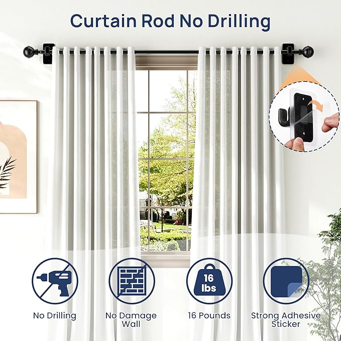 ENJOYBASICS No Drill Curtain Rods for Window 66 to 120 Inches, 5/8 Inch Diameter Renter Friendly Drapery Rod with Adhesive Brackets without Drilling, Adjustable from 27 to 130 Inches, Black