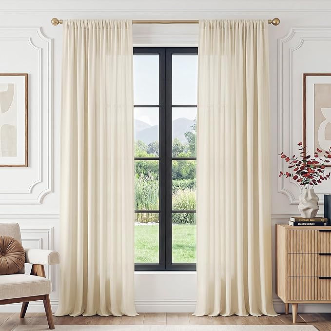 FMFUNCTEX Sheer Non-See-Through Butter Cream Curtains for Bedroom, Faux Silk That Let Light Curtains 96 inches Long Light Filtering Privacy Sheer Window Drapes for Living Room, Rod Pocket 2 Panels Set