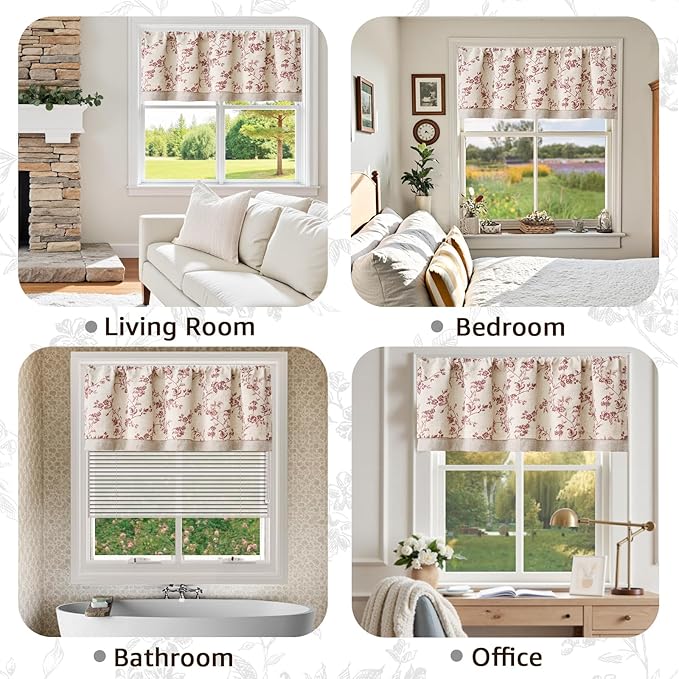 jinchan Linen Valance Curtains for Windows 16 Inch Christmas Decorations Floral Double Layer Kitchen Valance Room Darkening Cottagecore Farmhouse Flower Window Treatment 1 Panel Maroon Red on Linen