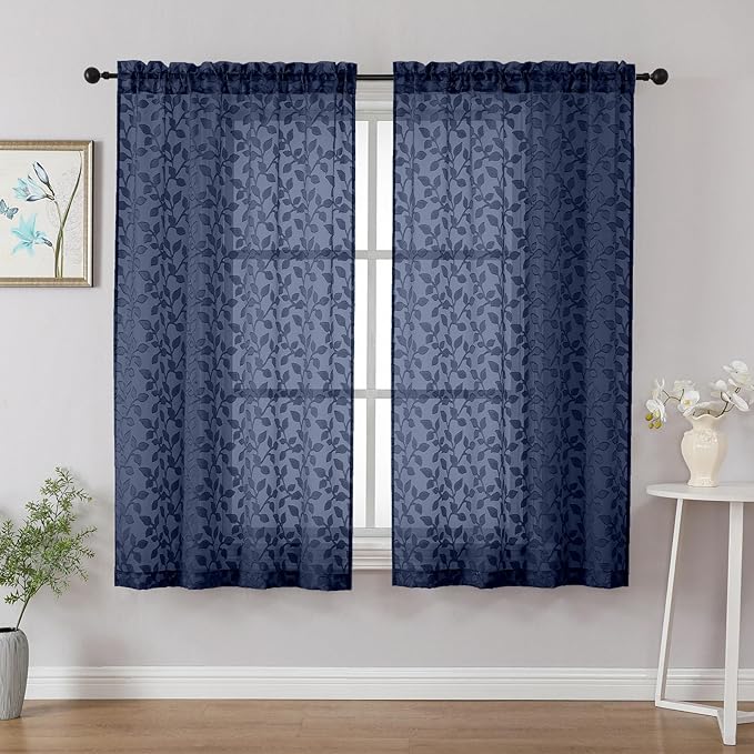 Chyhomenyc Navy Blue Sheer Curtains 54 Inch Length for Living Room 2 Panels Set, Light Filtering Tufted Textured Soft Airy Rod Pocket Leaf Window Treatment Drapes for Bedroom, 42" Wx54 L, 2PCS