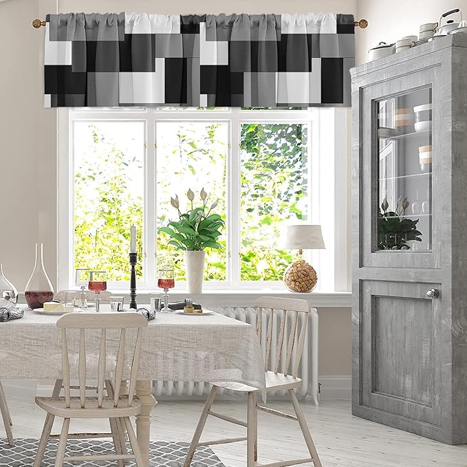 Emvency 4 Pack Valances Window Treatments, Gray and Black Geometry Abstract Modern Art Blackout White Adjustable for Living Room Bathroom Kitchen Over Sink, 52x18 Inch Rod Pocket Valances