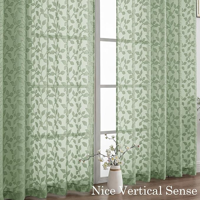 Chyhomenyc Sage Green Sheer Curtains 96 Inch Length 2 Panels Set, Light Filtering Tufted Textured Soft Airy Rod Pocket Gentle Leaf Window Treatment Drapes for Bedroom Living Room, 52" Wx96 L, 2PCS
