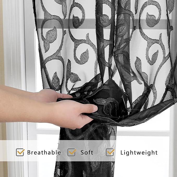 OWENIE Furman Sheer Curtains 63 inch Length for Bedroom Living Room 2 Panels Set, Jacquard Clip Textured Semi Sheer Black Curtain, Light Filtering Rod Pocket Farmhouse Window Treatments, 40Wx63L inch