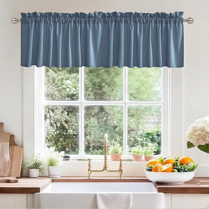 RYB HOME Kitchen Curtains Valances Faux Linen Blended Privacy Protect Shabby Chic Swag Curtain for Kitchen Living Room, Rod Pocket, Stone Blue, W 52 x L 18 inch, 2 Panels