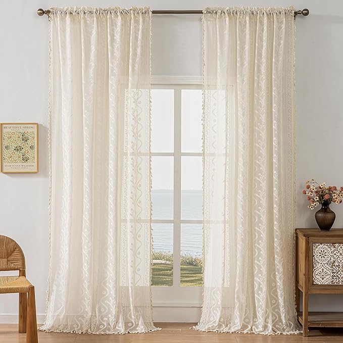 WAZZIO Boho Lace Curtains 2 Panels 96 Inches -Cute Vintage Victorian Sheer Panel Drape French Country Floral Pattern & Tassel Light Filtering Privacy for Bedroom Dining Living Room,Beige,W52x L96