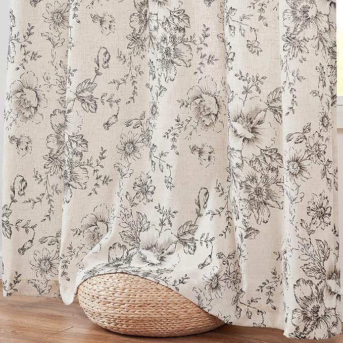 jinchan Linen Floral Curtains 100 Inch Extra Wide for Patio Sliding Glass Door Room Divider Curtain for Living Room 90 Inch Length Farmhouse Peony Black Printed Curtain Set 1 Panel