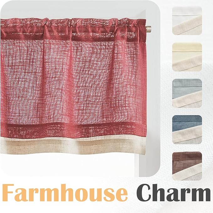 jinchan Linen Valance for Farmhouse Living Room Windows 16 Inch Slubbed Crossed Double Layer Window Valance Light Filtering Rustic Country Overlay Rod Pocket 1 Panel Burgundy