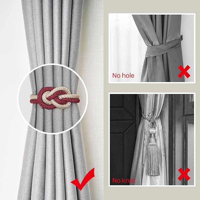 NICEEC 2 Pack Mini Magnetic Curtain Tiebacks Nordic Simple Style Drape Tie Backs Elegant Hand Weave Rope Knot Decorative Curtain Holdbacks for Home & Office Thin Window Drapery (Wine Red & Beige)