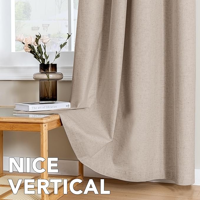 H.VERSAILTEX Linen Curtains 100% Blackout Curtains for Bedroom 84 inch Long Full Light Blocking Nature Linen Blended Window Curtains for Living Room Nickel Grommet (2 Panels, Heathered Sand)