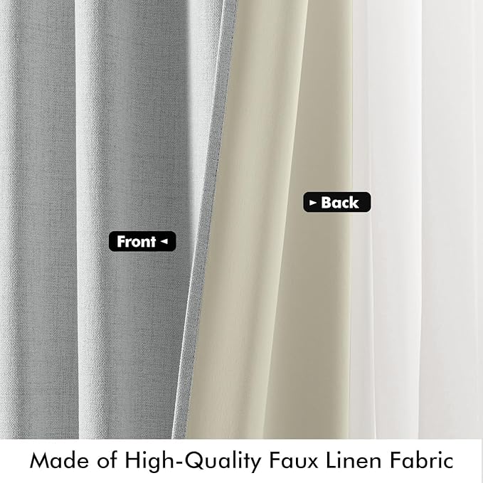 MIULEE 100% Blackout Linen Curtains for Bedroom, Grey Solid Luxury Decor Thermal Insulation Room Darkening Drapes for Living Room Nursery Back Tab Rod Pocket 42 x 72 Inches, 2 Panels