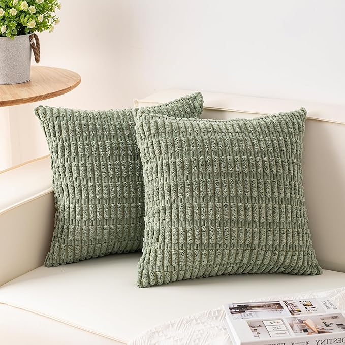 Pack of 2 Corduroy Decorative Throw Pillow Covers 16x16 Inch Soft Striped Pillow Covers Modern Farmhouse Home Decor for Sofa Living Room Couch Bed（Sage Green）