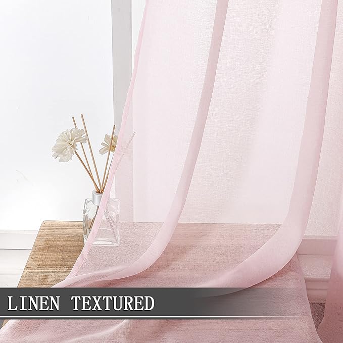 Tollpiz Sheer Curtains Linen Textured Living Room Curtain Sheers Light Filtering Rod Pocket Voile Curtains for Bedroom, 42 x 63 inches Long, Pink, Set of 2 Panels