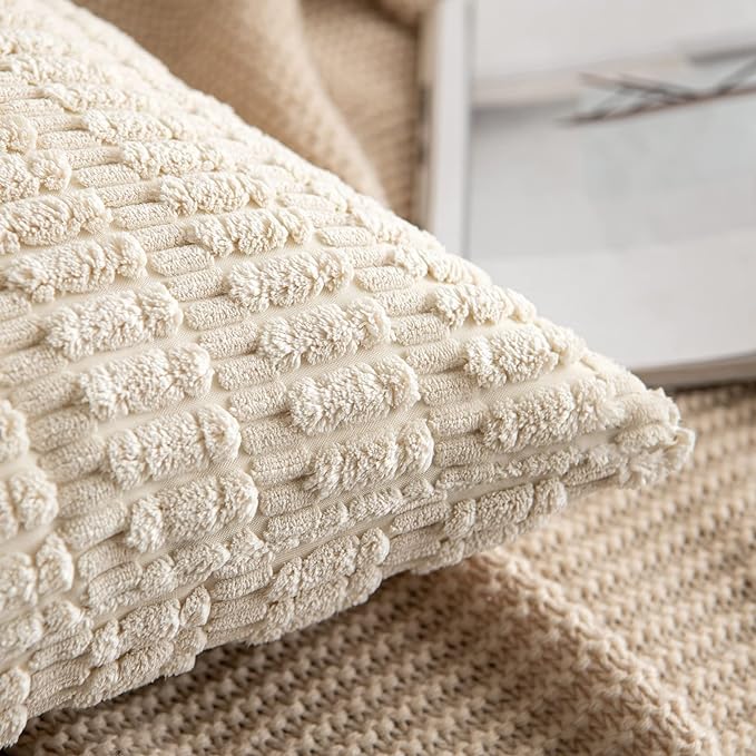 MIULEE Pack of 2 Corduroy Decorative Throw Pillow Covers 20x20 Inch Soft Boho Striped Pillow Covers Modern Farmhouse Home Decor for Sofa Living Room Couch Bed Cream White