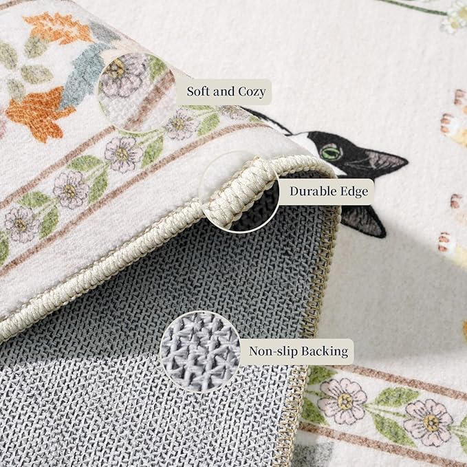2x6 Washable Kitchen Runner Rug - Soft Low Pile Floral Animal Cat Print Rugs with Non-Slip Backing Waterproof Stain-Resistant Indoor Carpet for Hallway Entryway Bathroom Bedroom (Light Beige)