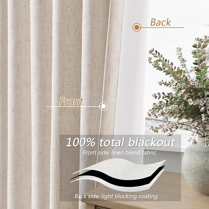 Guken 100% Blackout Linen Curtains 126 Inch Length 2 Panels Set for Living Room Bedroom Back Tab Thermal Insulated Black Out Drapes Room Darkening Farmhouse Style for Bedroom Window Curtains 52x126