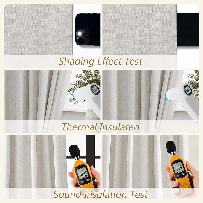 Guken 108 Inch Long Light Beige 100% Blackout Curtains for Living Room Bedroom Back Tab Thermal Insulated Netural Farmhouse Black Out Linen Drapes Room Darkening Window Curtain 2 Panels Set, 9 FT