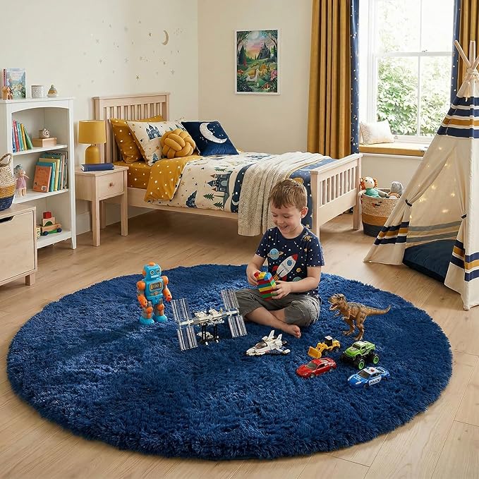 Navy Blue Round Rugs 5Ft for Boys Bedroom, Fluffy Circle Area Rug for Kids, Living Room Decor Aesthetic, Shag Fur Throw Royal Dark Blue Carpet for Baby Nursery, Shaggy Thick Fuzzy Floor Carpets