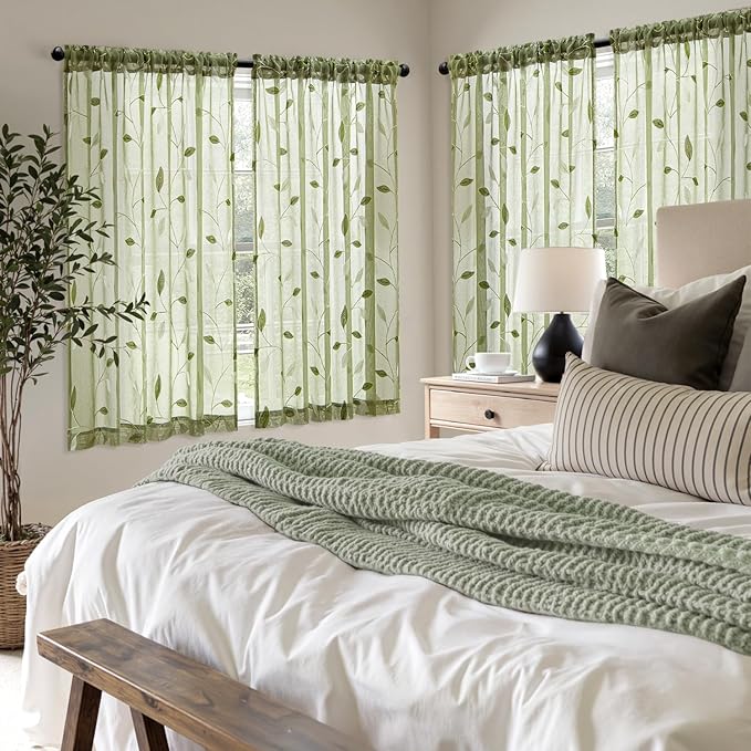 MIULEE Sage Green Sheer Curtains 2 Panels Embroidered Leaf Patterned Rod Pocket Floral Semi Sheer Faux Linen Short Window Curtains Drapes Set for Kitchen Living Room Bedroom, 52x54 Inches Length