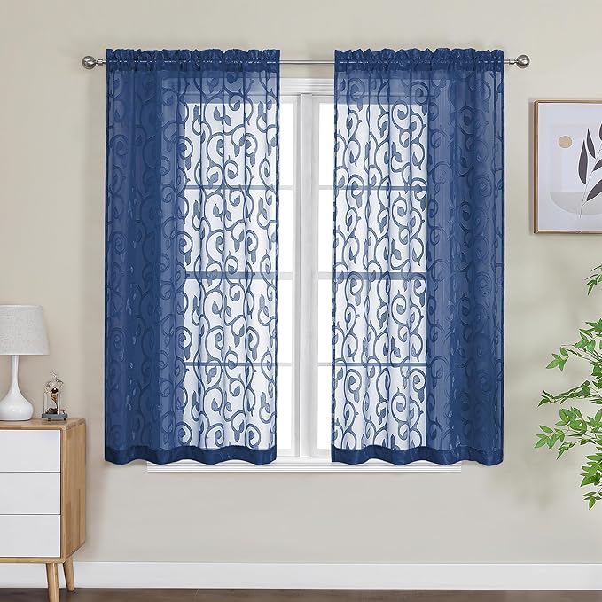 OWENIE Furman Sheer White Curtains 45 Inch Length 2 Panels Set for Living Room Bedroom Bathroom Window, Airy Jacquard Clip Short Curtains for Small Window, 40Wx45L inch