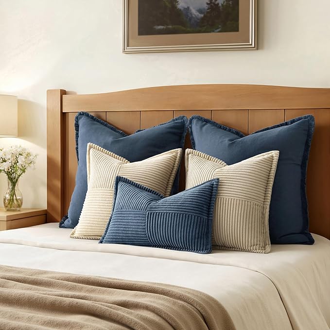 MIULEE Blue Corduroy Lumbar Pillow Covers 12x20 Inch 12x20 Inch with Splicing Set of 2 Soft Boho Pillow Covers Broadside Decorative Textured Summer Coastal Pillowcases for Couch Bed Livingroom
