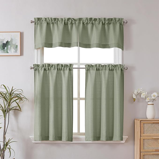 Chyhomenyc Light Green Short Curtain Valance for Windows, Faux Linen Textured Half Window Curtains, Burlap Solid Topper Small Curtain Valance for Bathroom Laundry Basement, 60Wx18L Inch, 1 Piece
