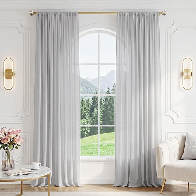 FMFUNCTEX Sheer Non-See-Through Grey Curtains for Bedroom, Faux Silk that Let Light Curtains 63 inches Long Light Filtering Privacy Sheer Window Drapes for Living Room, Rod Pocket 2 Panels Set