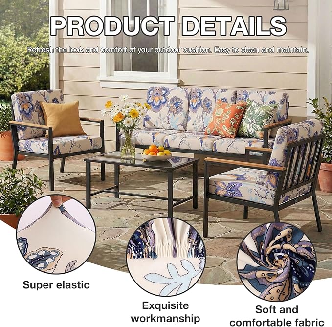hyha 8Pcs Patio Cushion Covers, Stretch Outdoor Couch Cushion Covers, Washable Outdoor Chair/Sofa Slipcovers for Patio Furniture Cushions Protector with Elastic Bottom(Vintage Flower,Cover Only)