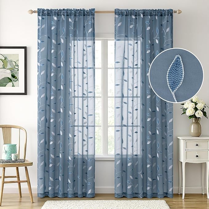 MIULEE Stone Blue Sheer Curtains 2 Panels Embroidered Leaf Patterned Rod Pocket Floral Semi Sheer Faux Linen Window Curtains Drapes Set for Living Room Bedroom Dining Room, 52x96 Inches Long