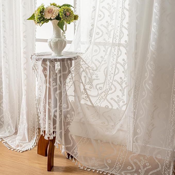 WAZZIO Boho Lace Curtains 2 Panels 63 Inches -Cute Vintage Victorian Sheer Panel Drape French Country Floral Pattern & Tassel Light Filtering Privacy for Bedroom Dining Living Room,White,W52x L63
